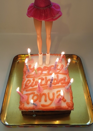 [2025 Special Duties Section Tonya birthday cake close-up showing candles lit]